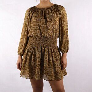 Elizabeth & James Women's Gold Threaded Long Sleeve Smocked Mini Dress Size L
